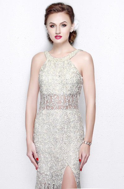 Primavera Couture - Embellished Halter Neck Long Sheath Dress 1891 in White