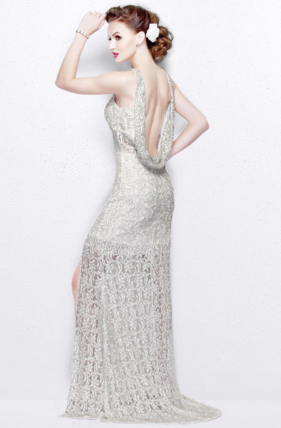 Primavera Couture - Embellished Halter Neck Long Sheath Dress 1891 in White