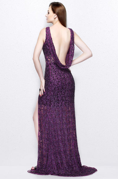 Primavera Couture - Embellished Halter Neck Long Sheath Dress 1891 in Purple