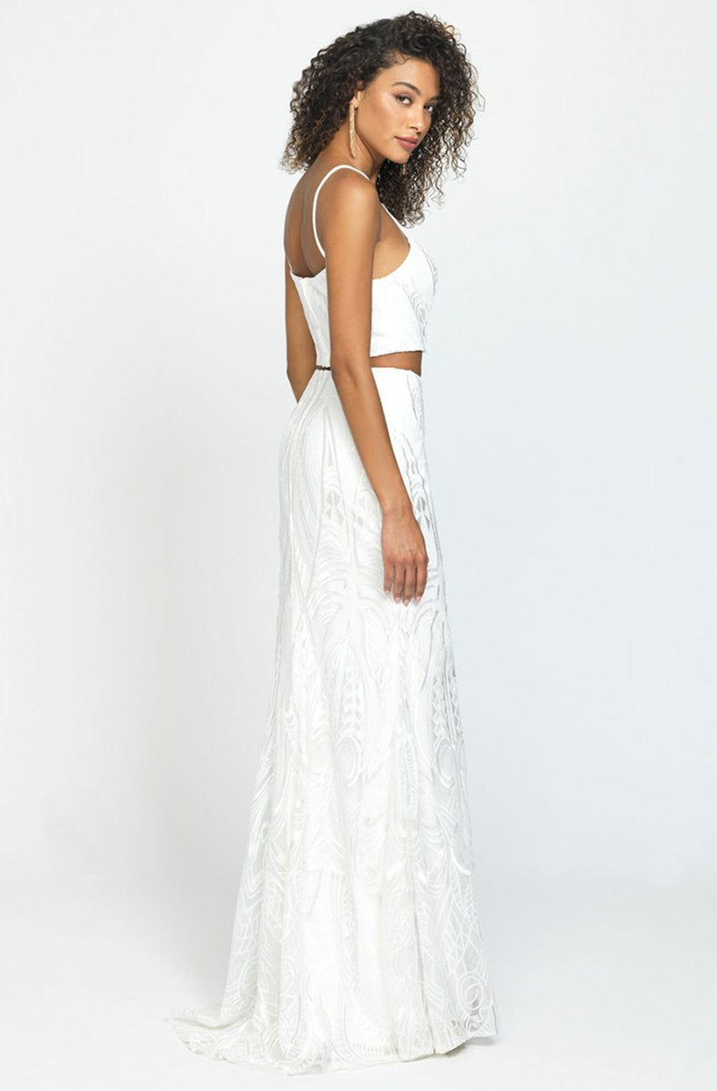 Madison James - 19-128 Two-Piece Embroidered Halter Sheath Gown In White