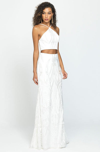 Madison James - 19-128 Two-Piece Embroidered Halter Sheath Gown In White