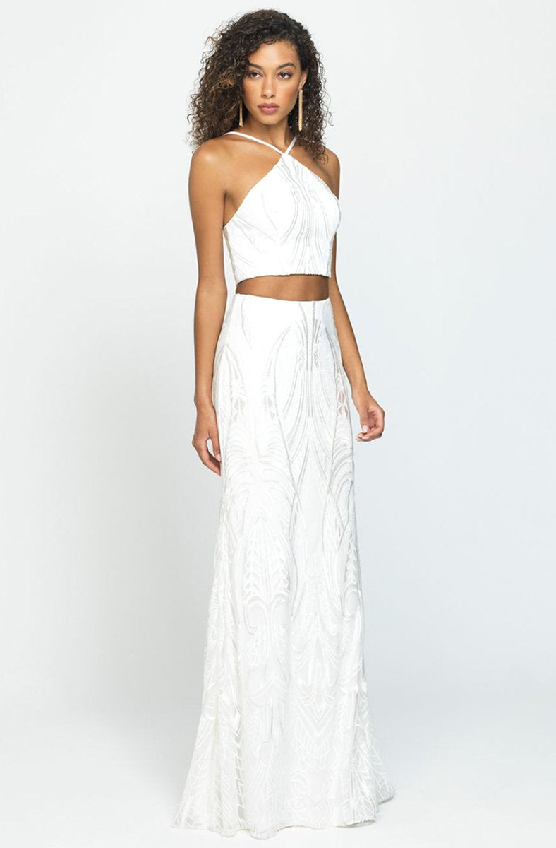 Madison James - Two-Piece Embroidered Halter Sheath Gown 19-128 In White
