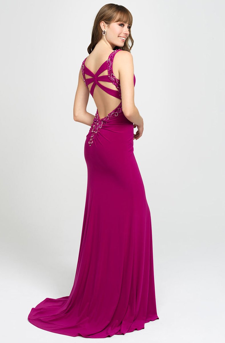 Madison James - 19-150 Beaded Plunging V-Neck High Slit Gown In Pink