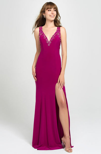 Madison James - 19-150 Beaded Plunging V-Neck High Slit Gown In Pink