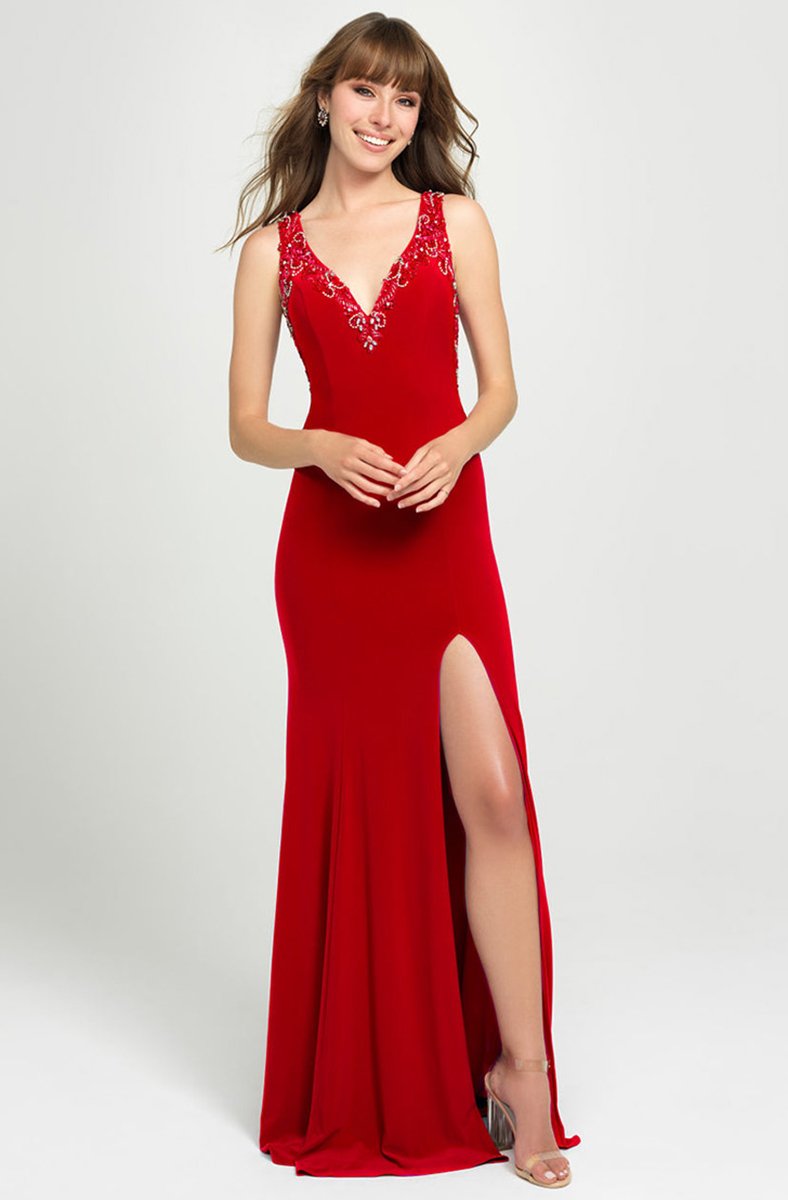 Madison James - 19-150 Beaded Plunging V-Neck High Slit Gown In Red