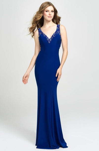 Madison James - Beaded Plunging V-Neck High Slit Gown 19-150 In Blue