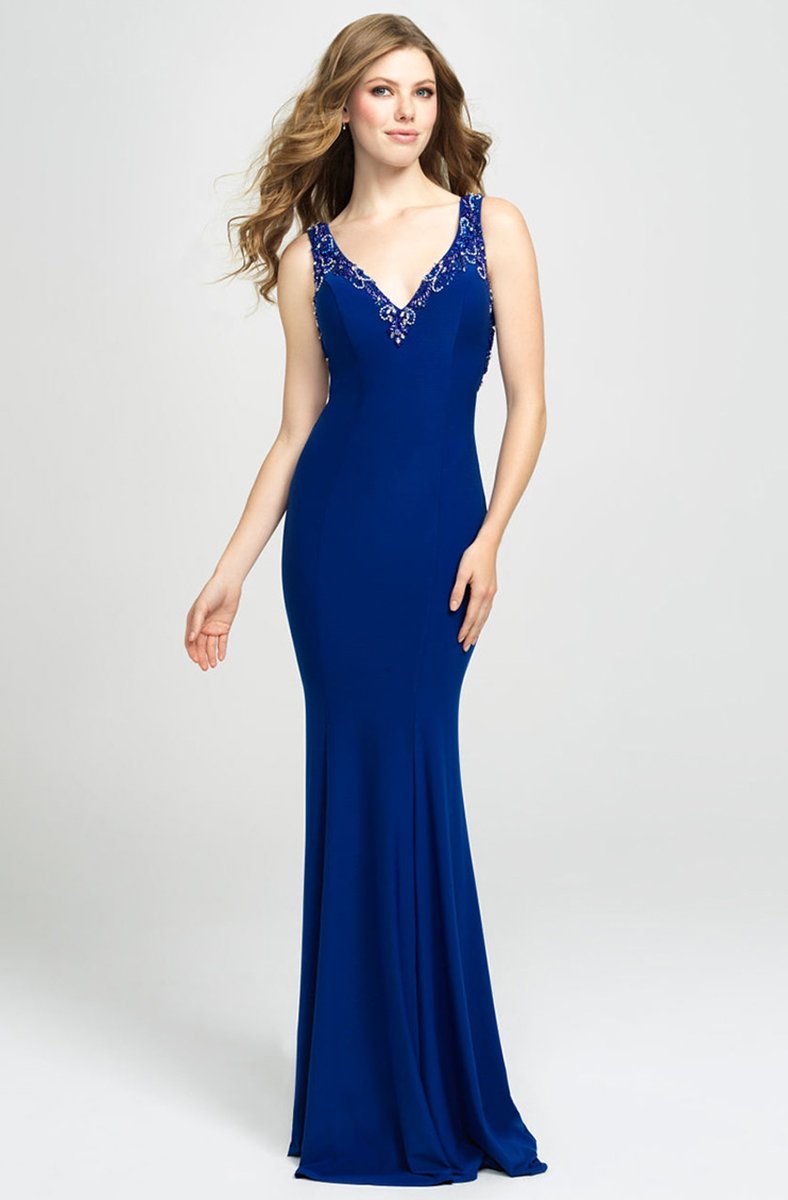 Madison James - 19-150 Beaded Plunging V-Neck High Slit Gown In Blue