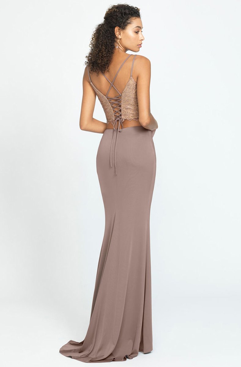 Madison James - Two Piece Beaded Jersey Trumpet Dress 19-167 In Brown