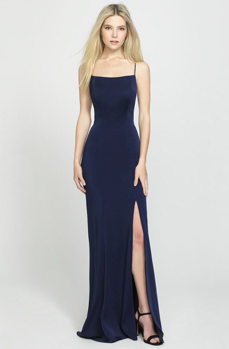 Madison James - Crisscross Strapped Backless Dress with Slit 19-185 In Blue