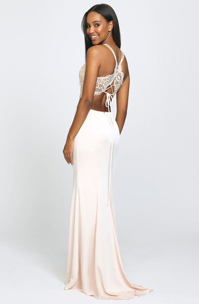 Madison James - Two-Piece Beaded Illusion Halter Gown with Slit 19-201 In Neutral