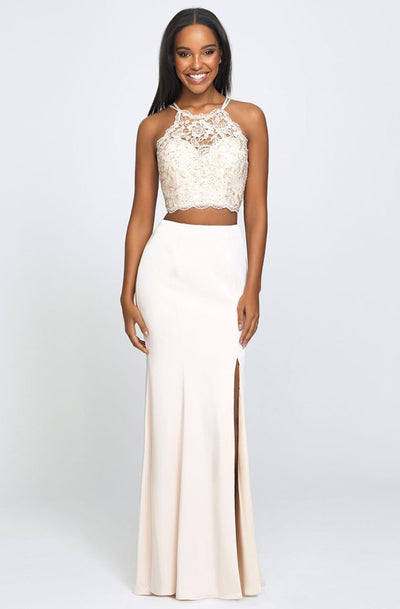 Madison James - Two-Piece Beaded Illusion Halter Gown with Slit 19-201 In Neutral