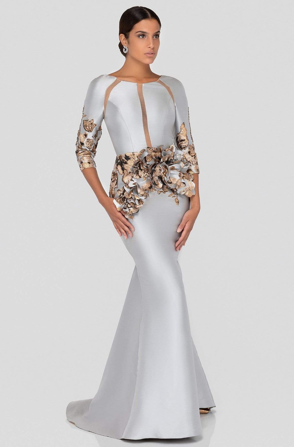 Terani Couture - 1911E9142 Cut-In Appliqued Mermaid Gown In Silver and Brown