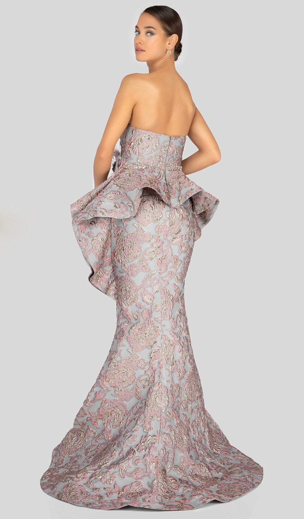 Terani Couture - 1911E9613 Floral Embossed Strapless Peplum Gown In Pink and Gray
