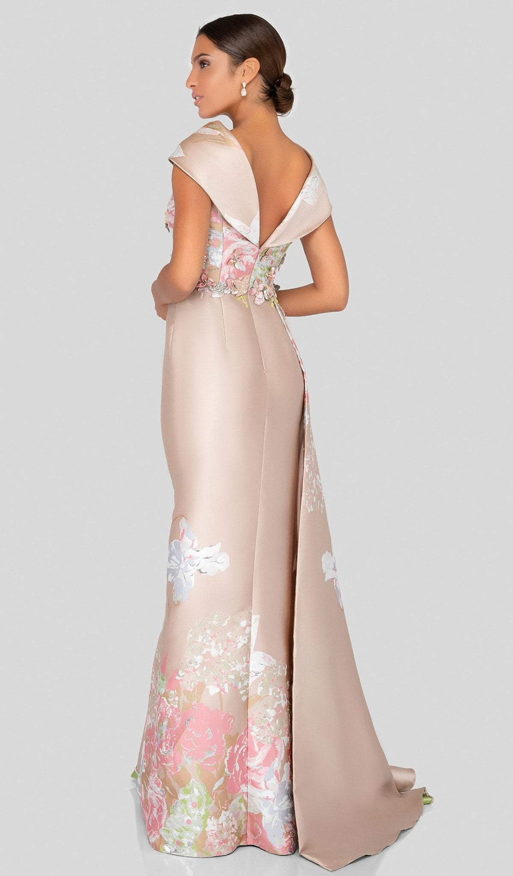 Terani Couture - 1911M9315 Floral Appliqued Cowl Evening Gown In Neutral and Silver