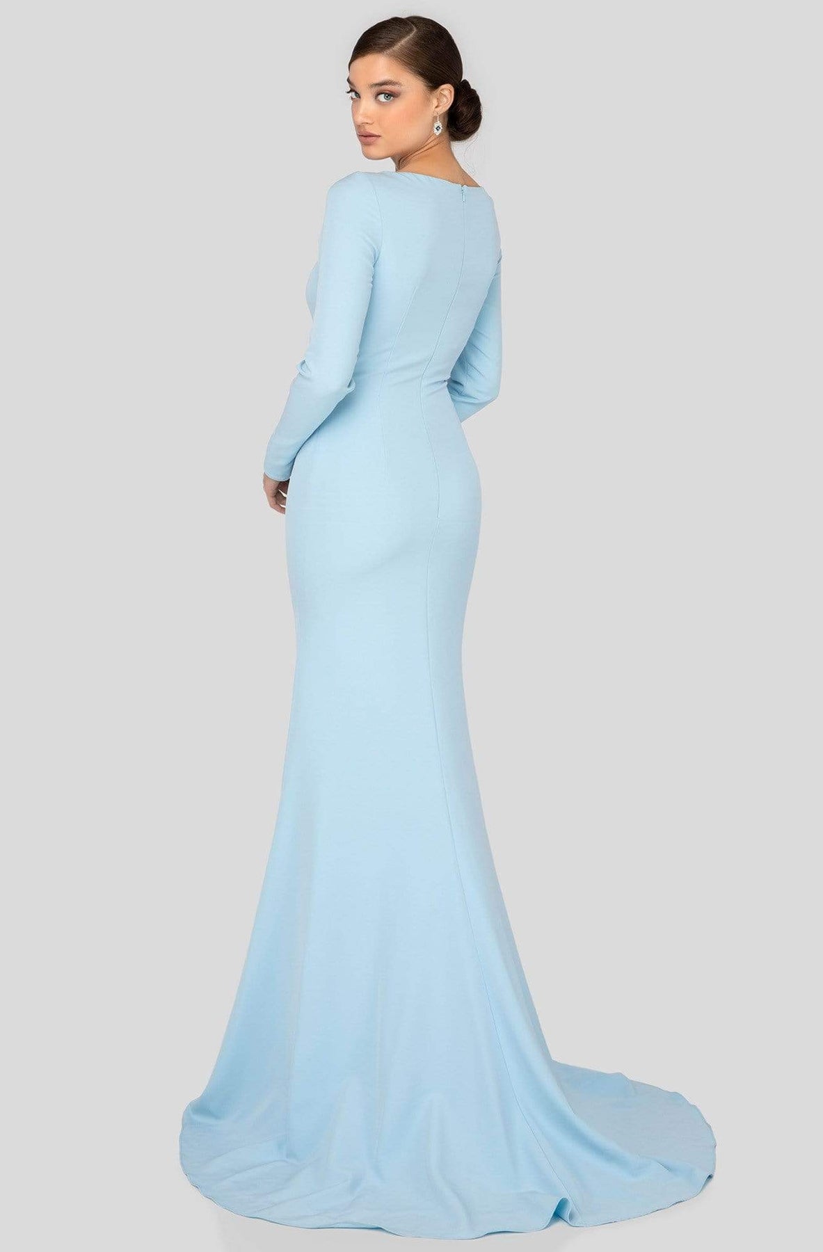 Terani Couture - 1911M9320 Asymmetric Neckline Long Sleeve Formal Gown In Blue