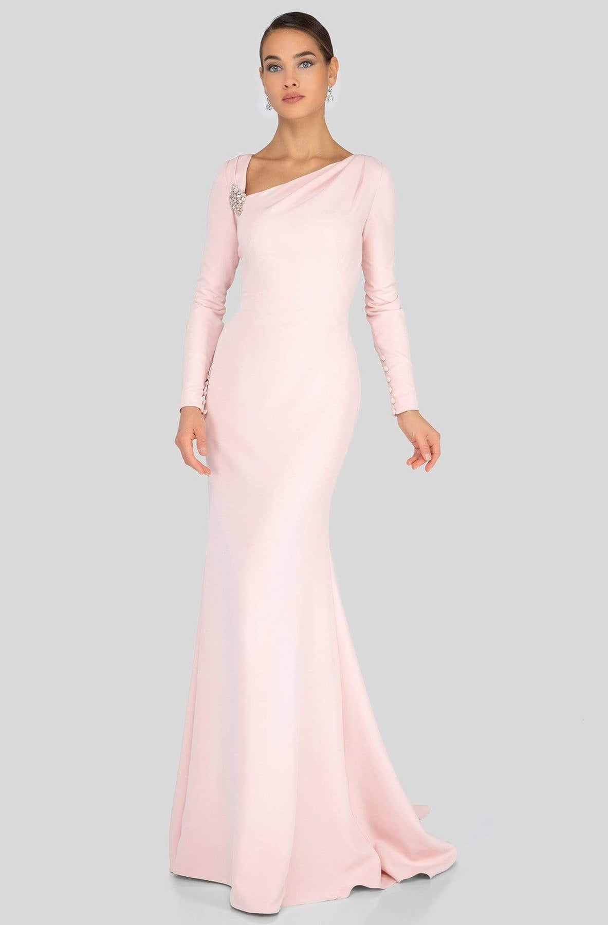 Terani Couture - 1911M9320 Asymmetric Neckline Long Sleeve Formal Gown In Pink