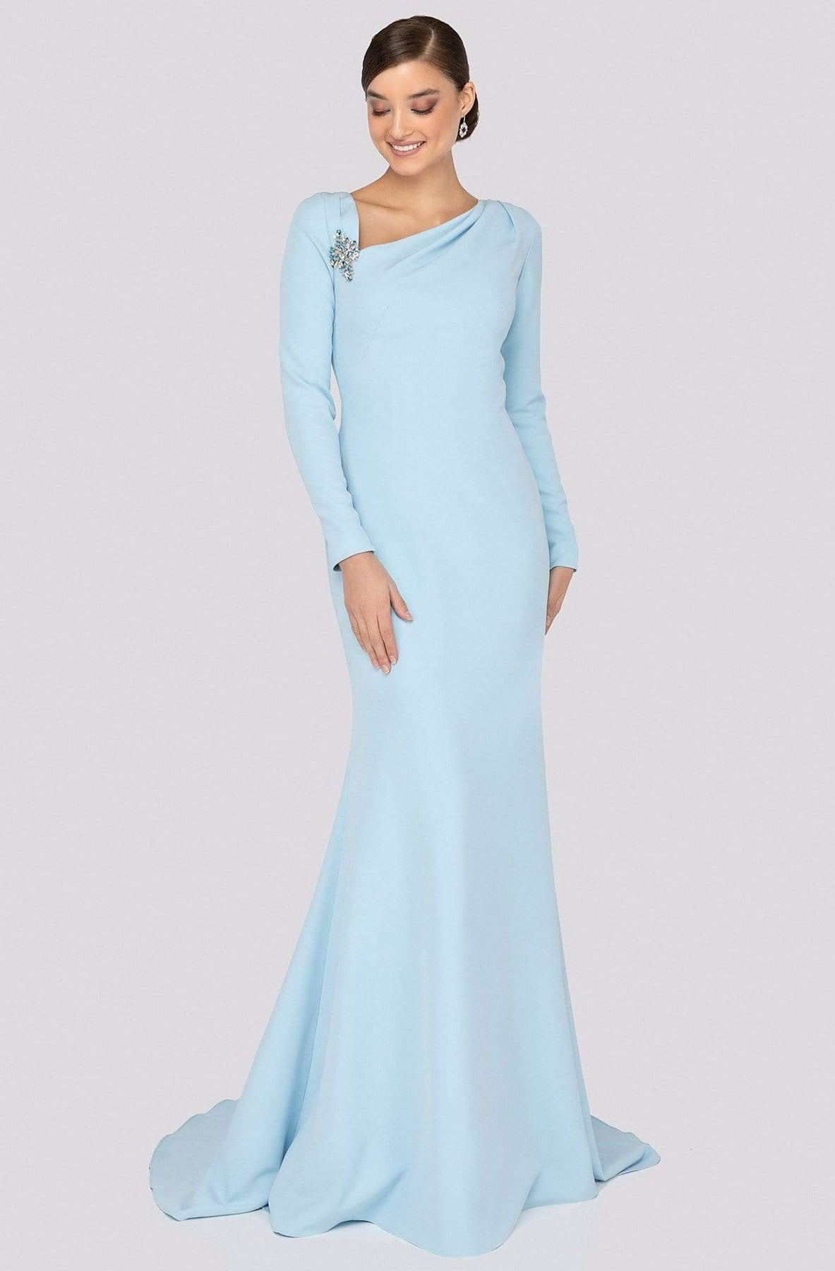 Terani Couture - 1911M9320 Asymmetric Neckline Long Sleeve Formal Gown In Blue