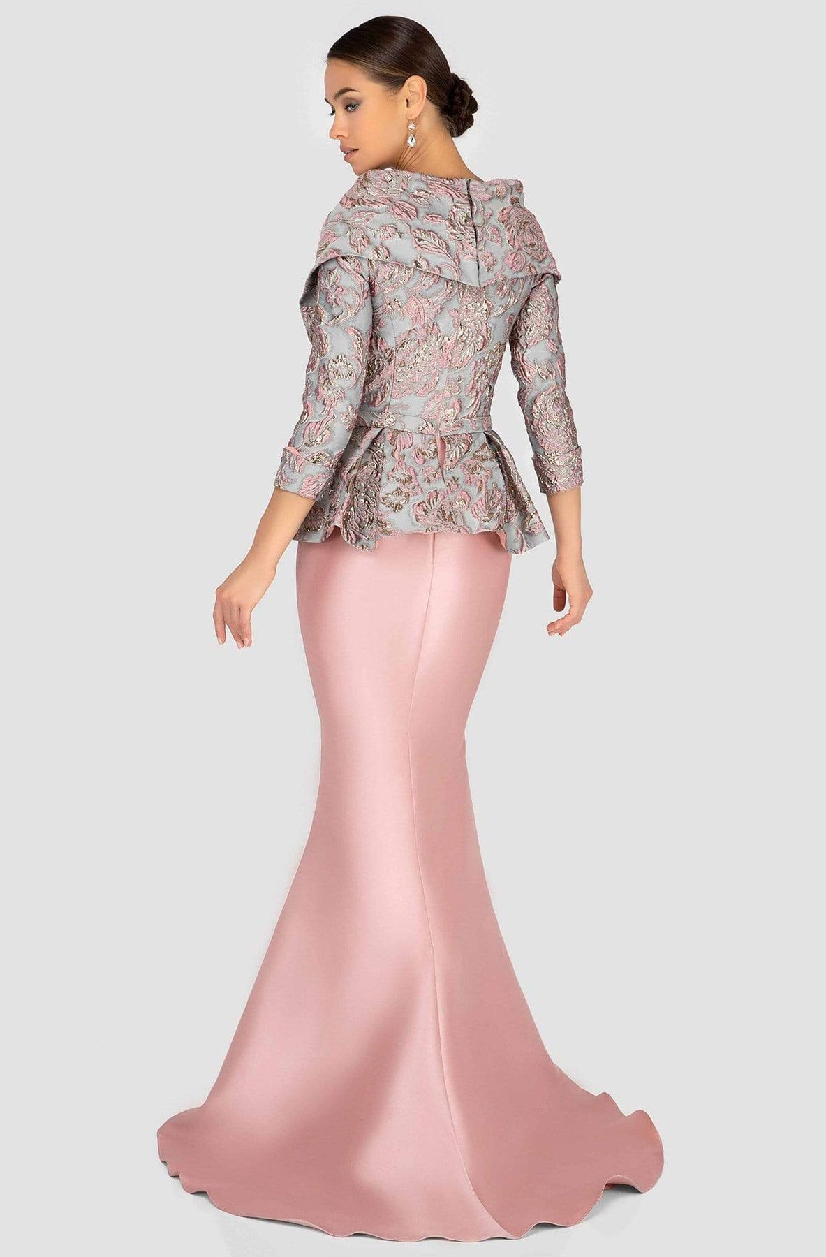 Terani Couture - 1911M9322 Embossed V-Neck Peplum Mermaid Gown In Pink and Gray