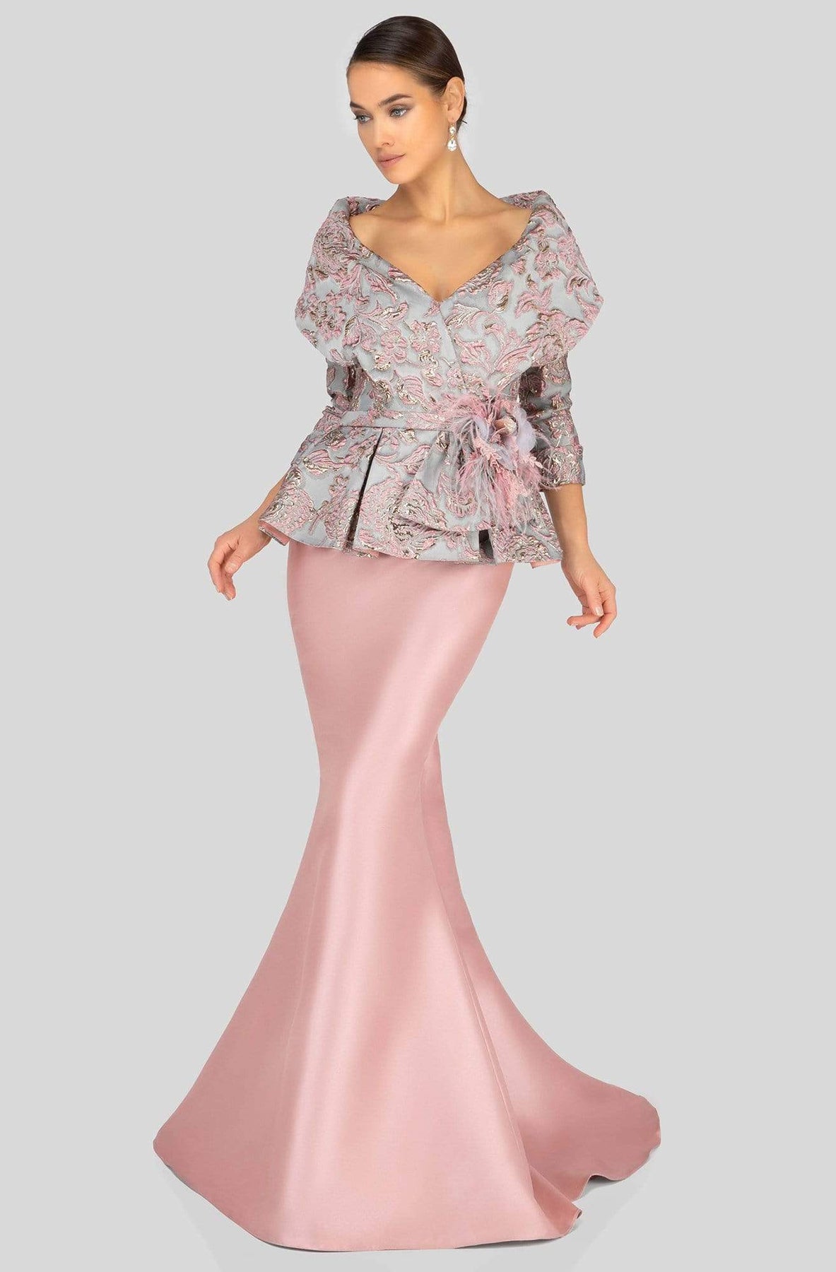 Terani Couture - 1911M9322 Embossed V-Neck Peplum Mermaid Gown In Pink and Gray