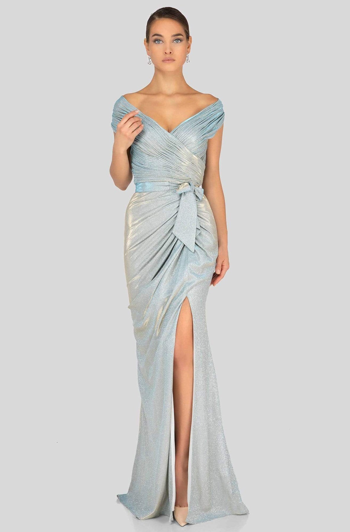 Terani Couture - 1911M9344 Off Shoulder Shirred Metallic Gown Evening Dresses 0 / Sage Silver
