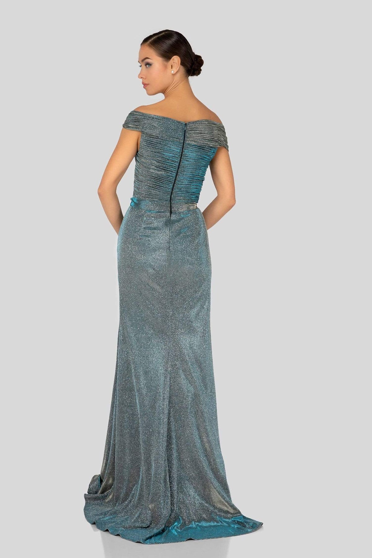 Terani Couture - 1911M9344 Off Shoulder Shirred Metallic Gown Evening Dresses