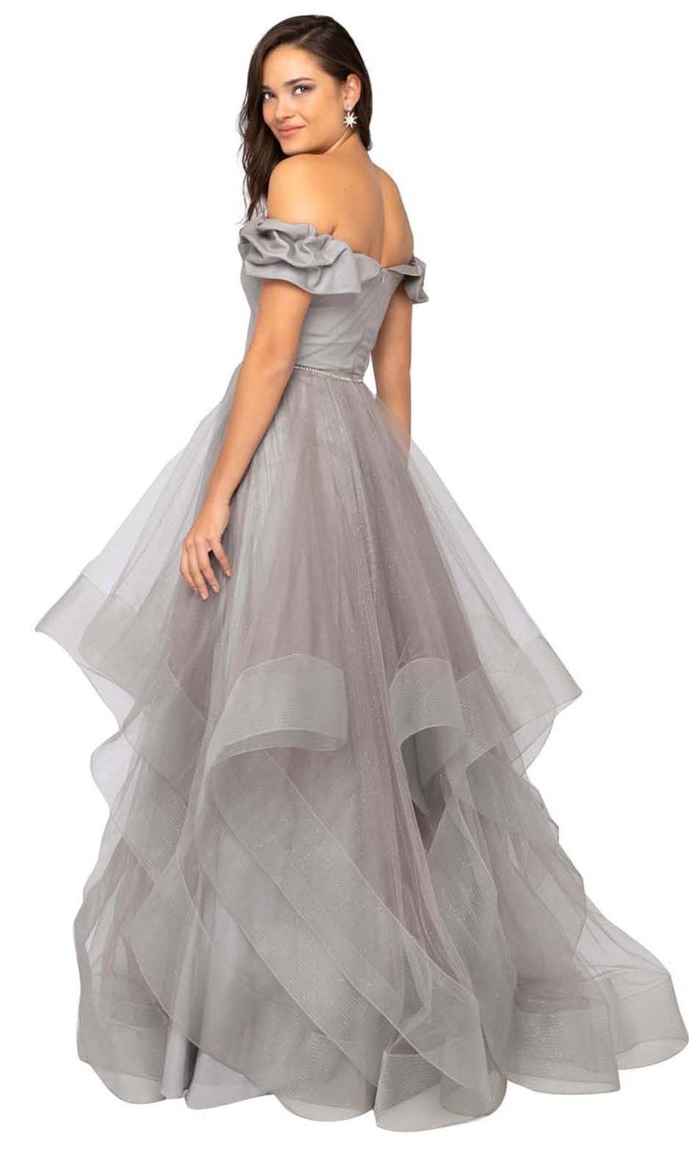 Terani Couture - Ruffled Off-Shoulder Tulle Ballgown 1911P8542 In Grey