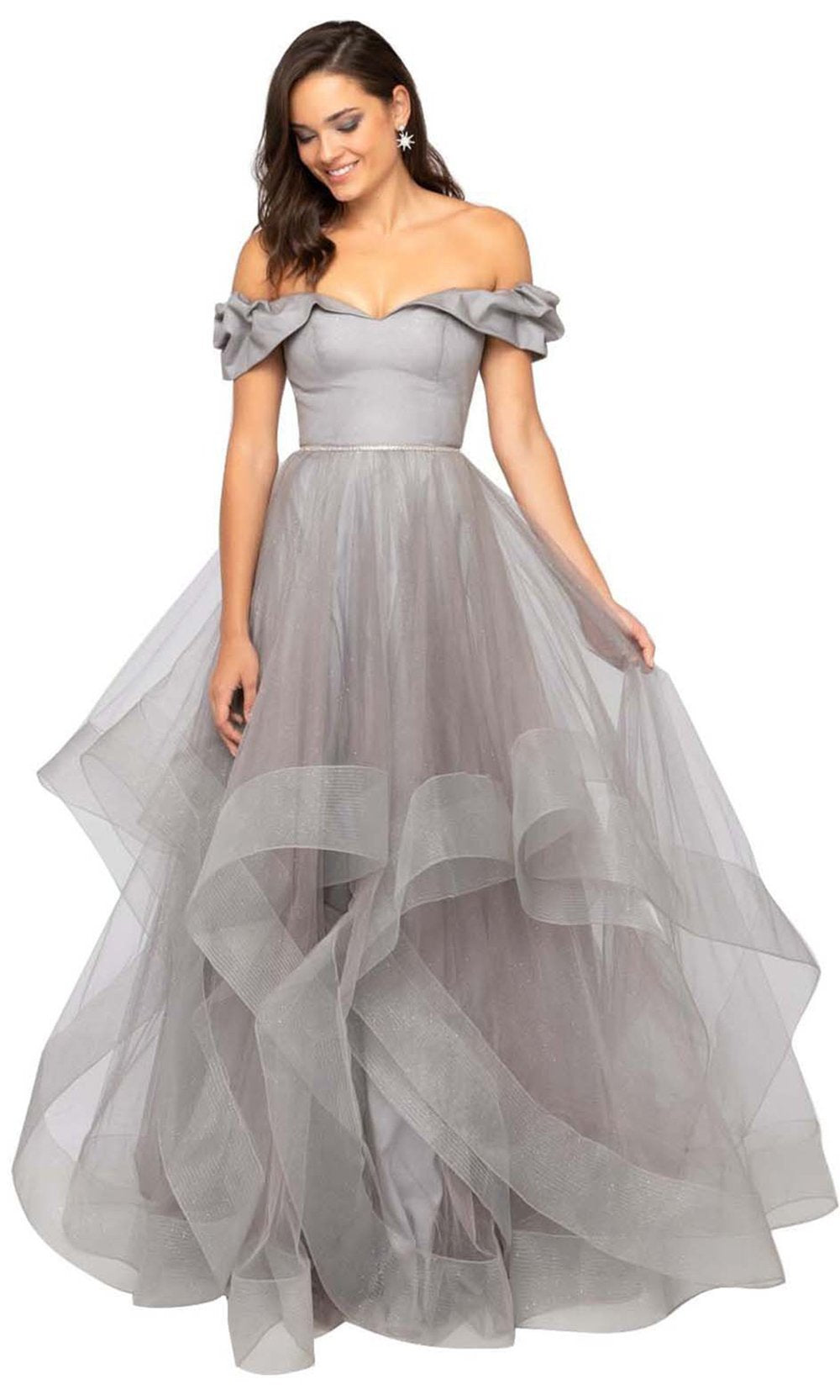 Terani Couture - Ruffled Off-Shoulder Tulle Ballgown 1911P8542 In Grey