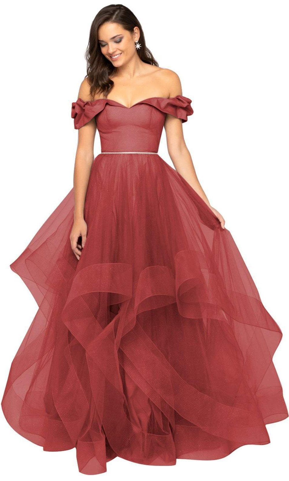 Terani Couture - Ruffled Off-Shoulder Tulle Ballgown 1911P8542 In Red