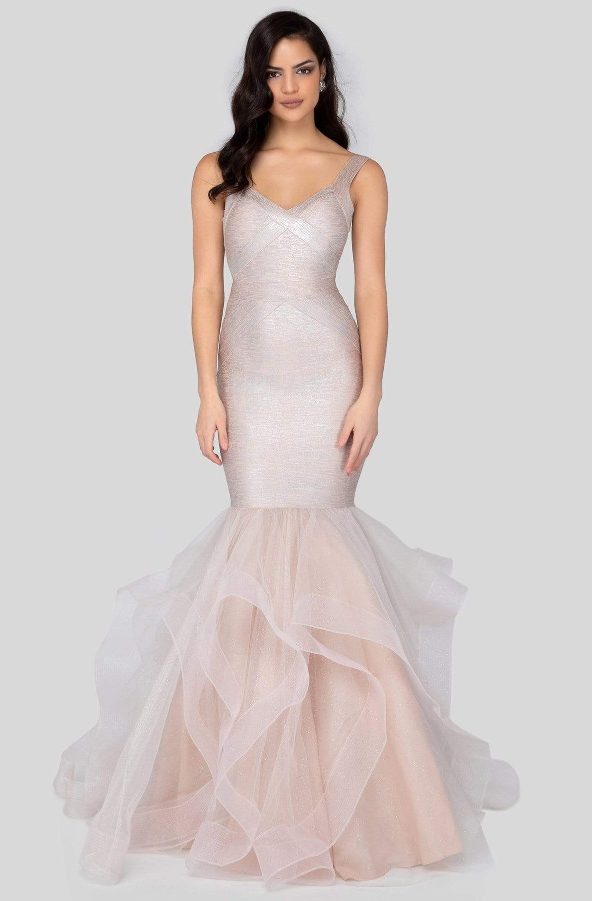 Terani Couture - 1911P8640 Glitter Tulle V-neck Mermaid Dress Evening Dresses 0 / Blush Silver