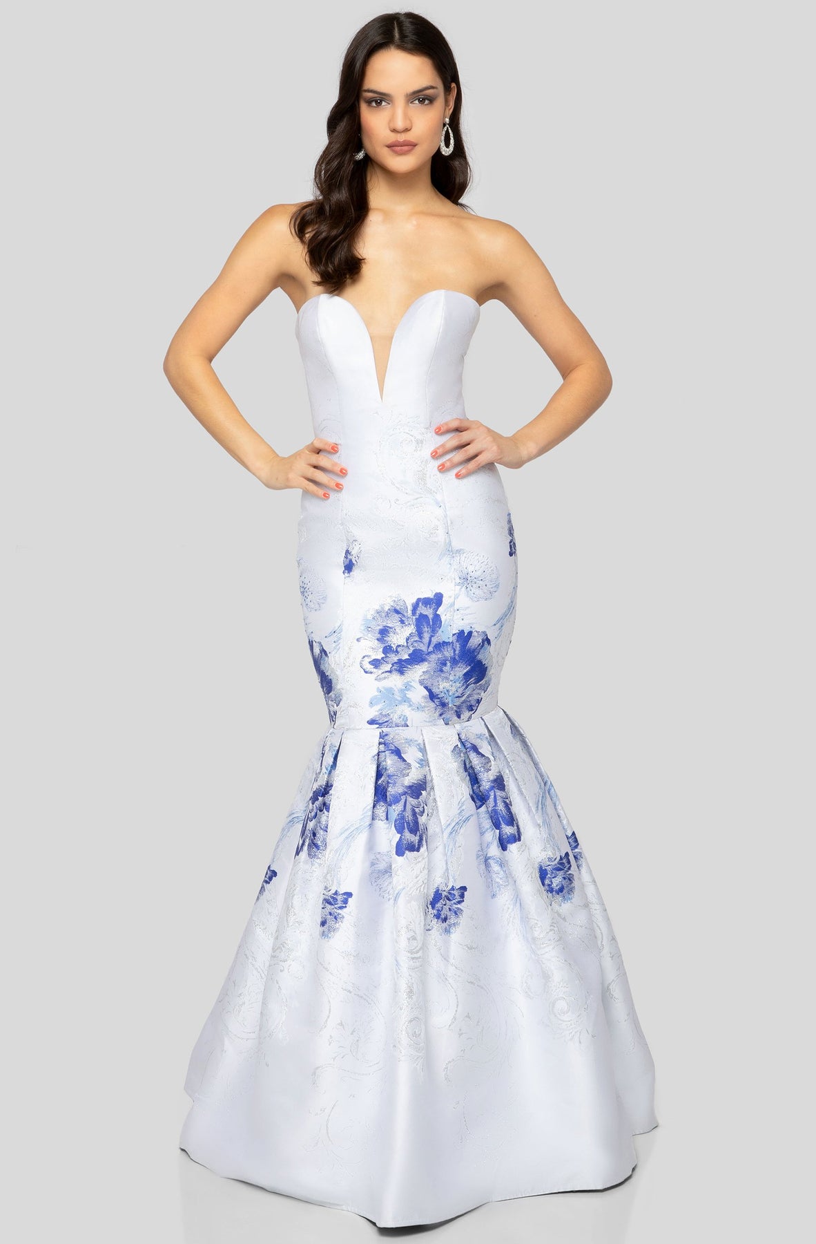 Terani Couture - 1911P8648 Metallic Print Sweetheart Mermaid Dress In White and Blue