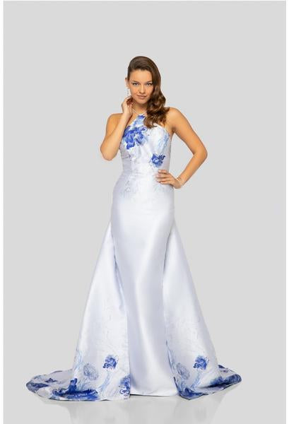 Terani Couture - 1911P8185 Floral Printed Halter Dress With Train In White and Blue