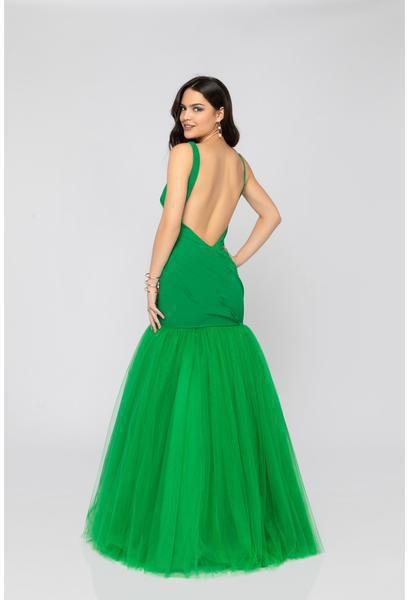 Terani Couture - 1911P8349 Deep V-neck Tulle Mermaid Dress In Green