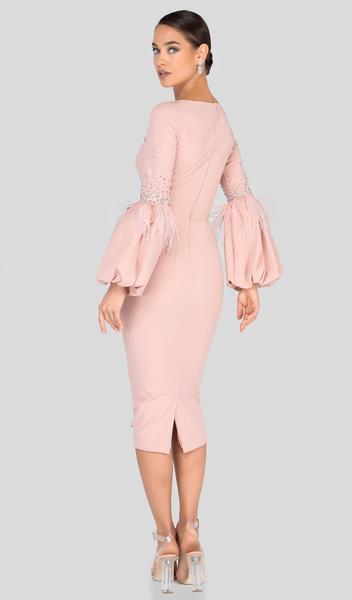 Terani Couture - Feather-Fringe Sleeve Plunging Sheath Dress 1912C9643 In Pink