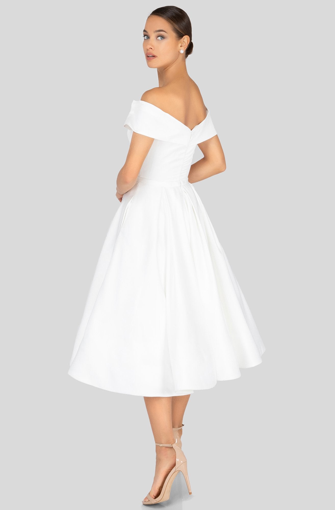 Terani Couture - 1912C9656 Off-Shoulder Tea Length A-line Dress In White