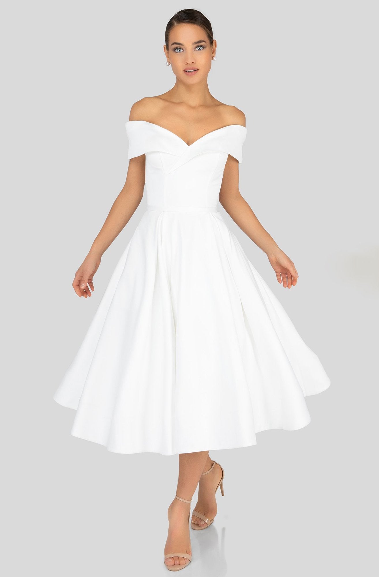 Terani Couture - 1912C9656 Off-Shoulder Tea Length A-line Dress In White