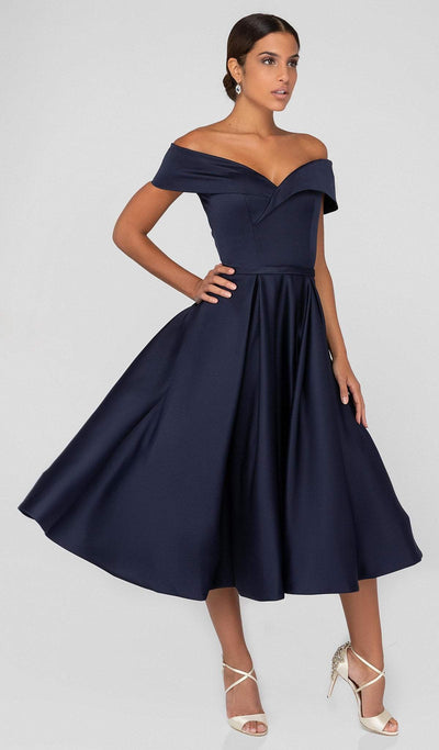 Terani Couture - 1912C9656 Off-Shoulder Tea Length A-line Dress In Blue