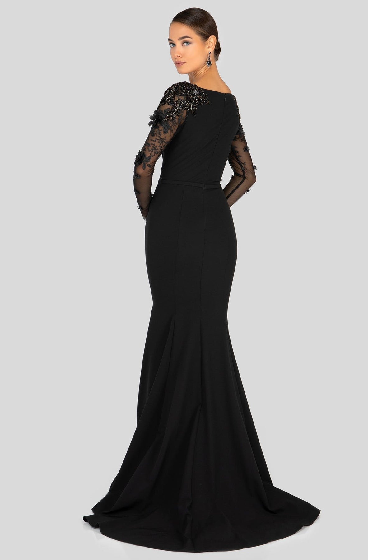 Terani Couture - 1912E9179 Long Sleeve Applique Bateau Trumpet Dress in Black