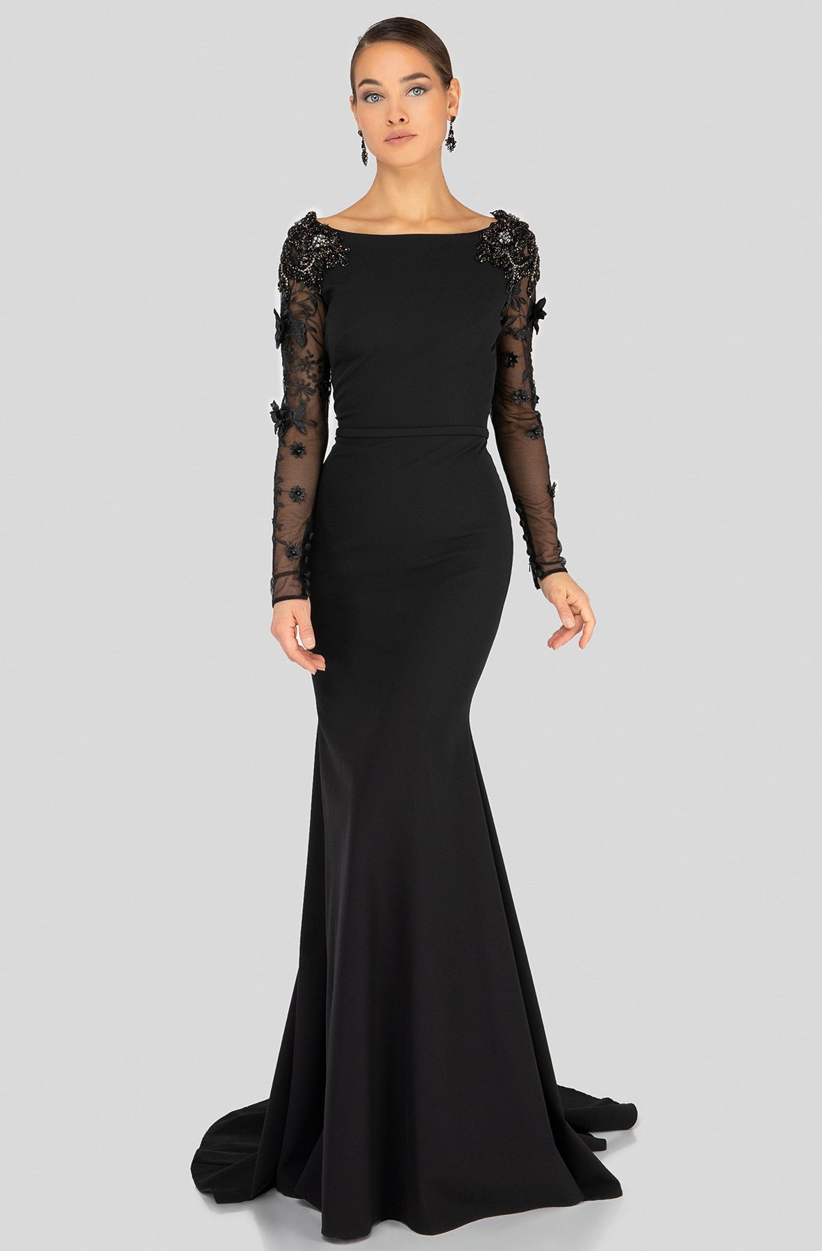 Terani Couture - 1912E9179 Long Sleeve Applique Bateau Trumpet Dress in Black