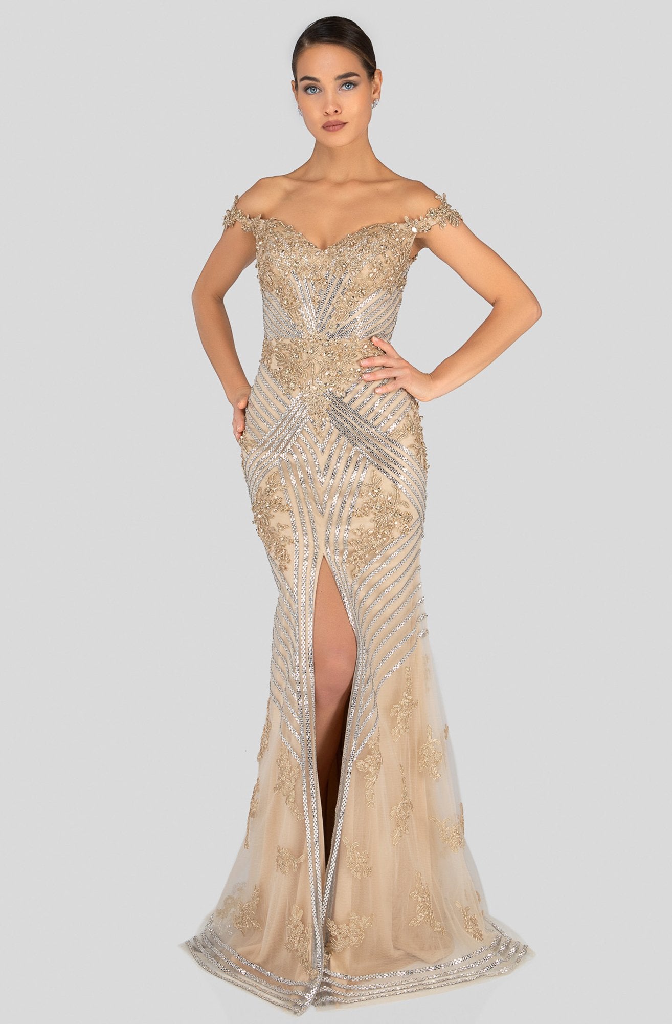 Terani Couture - 1912GL9572 Sparkling Off Shoulder Slit Evening Gown In Gold