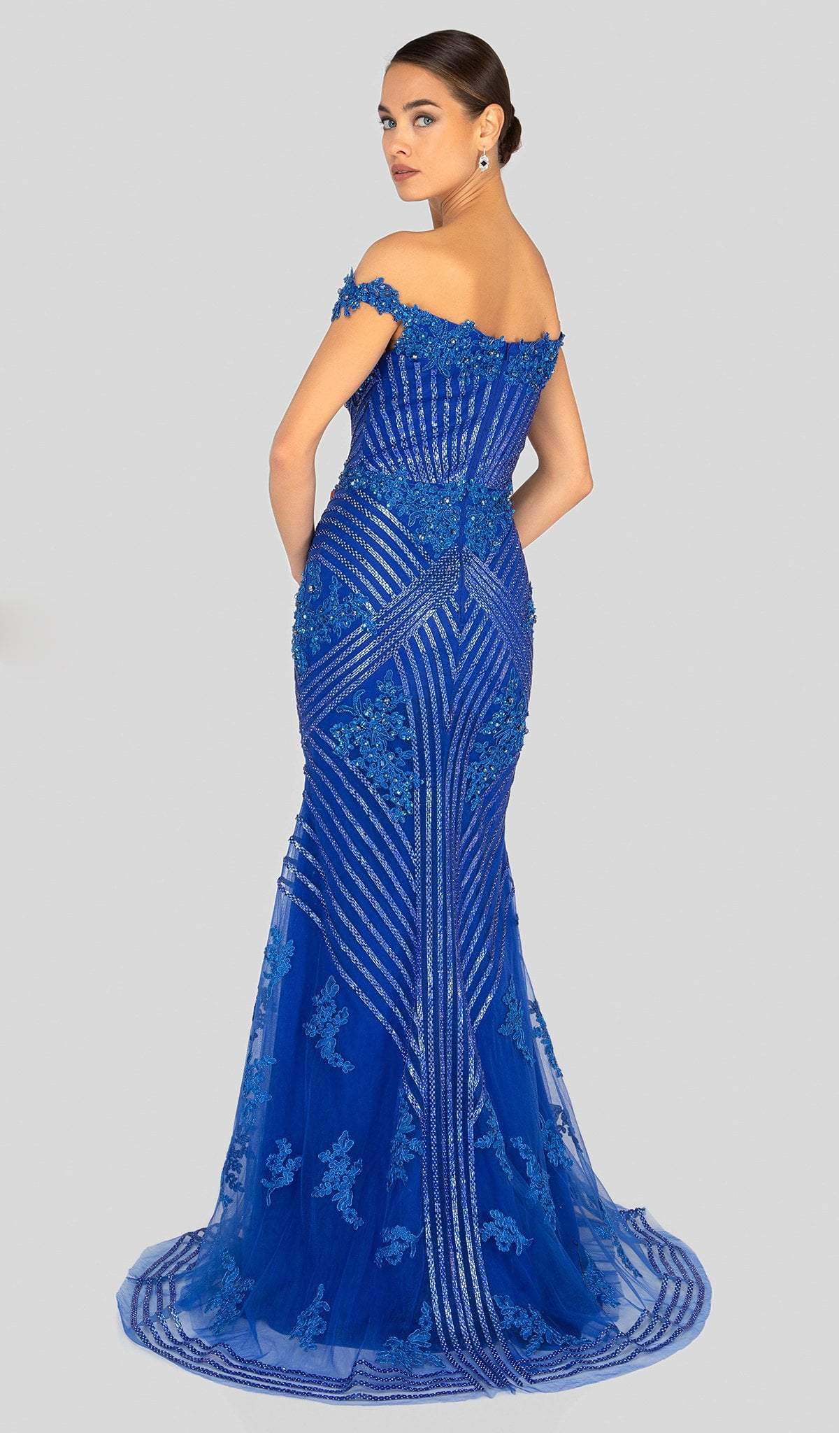 Terani Couture - 1912GL9572 Sparkling Off Shoulder Slit Evening Gown In Blue