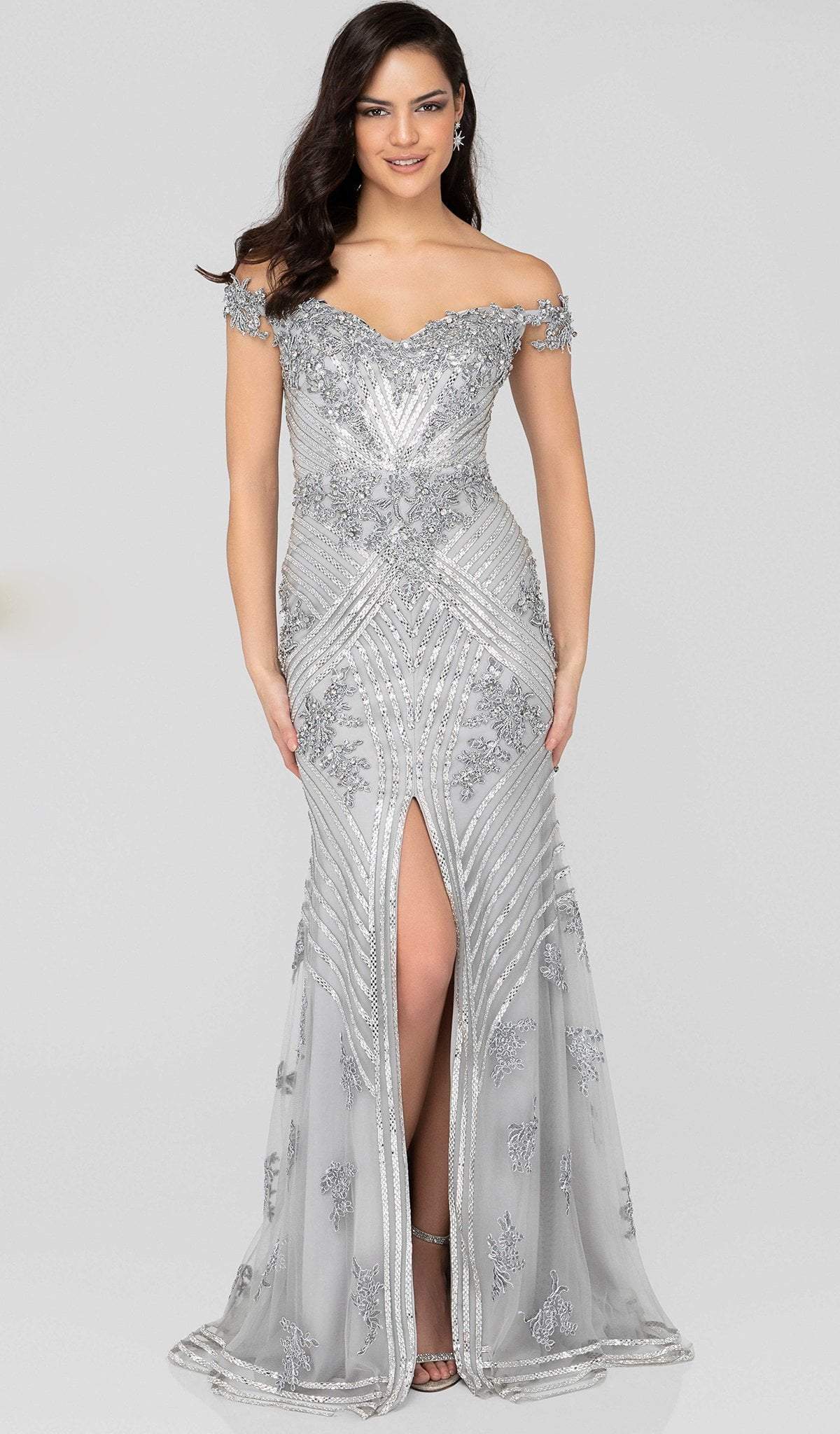 Terani Couture - 1912GL9572 Sparkling Off Shoulder Slit Evening Gown In Silver