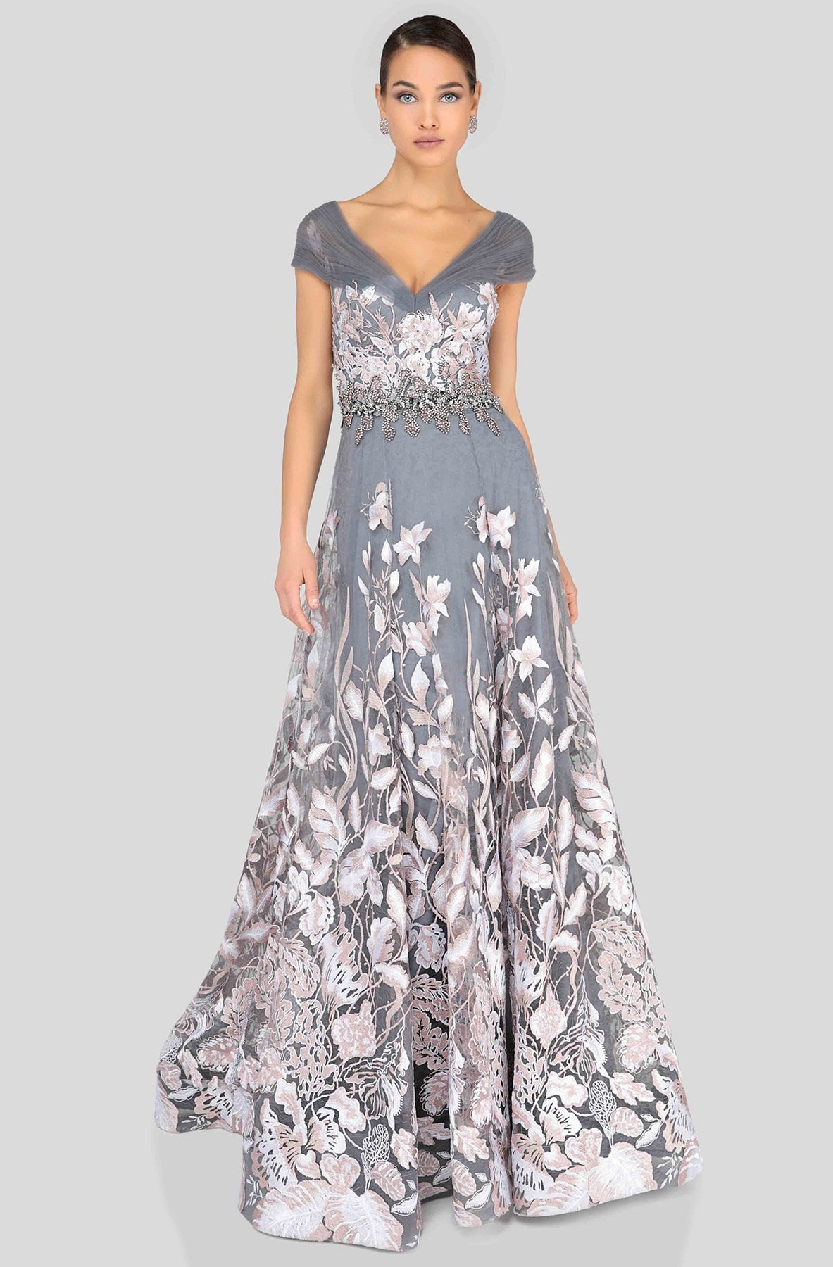 Terani Couture - 1912M9347 Embellished Floral Applique A-line Dress In Pink and Silver