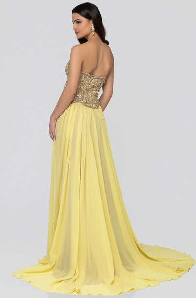 Terani Couture - 1912P8239 Beaded Plunging Sweetheart Dress In Yellow