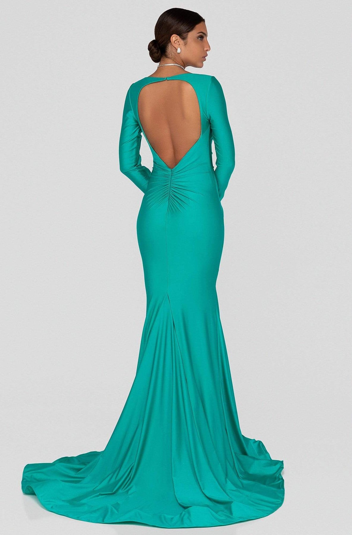 Terani Couture - 1912P8281 Long Sleeve Open Back Satin Mermaid Gown In Green