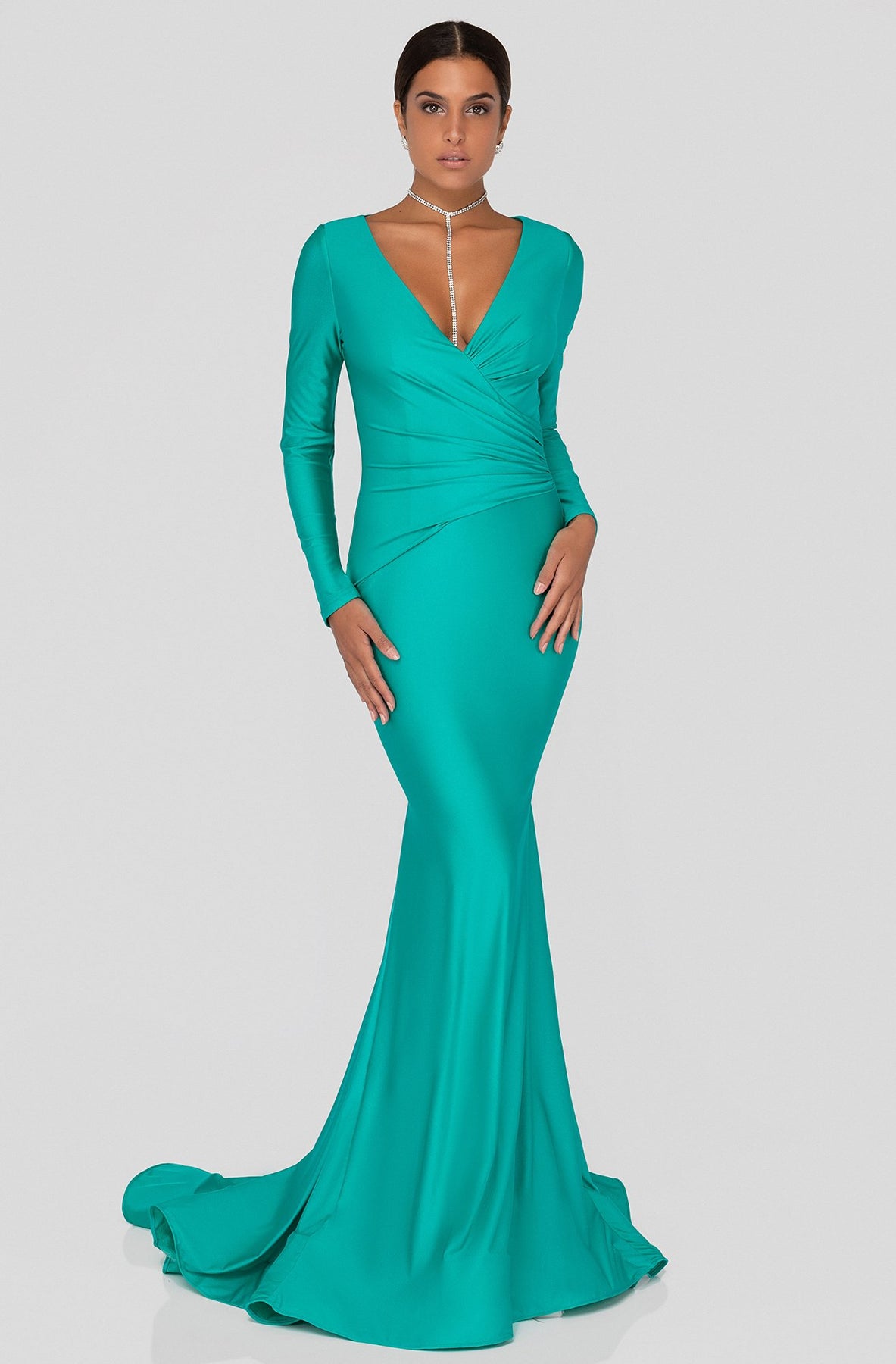 Terani Couture - 1912P8281 Long Sleeve Open Back Satin Mermaid Gown In Green