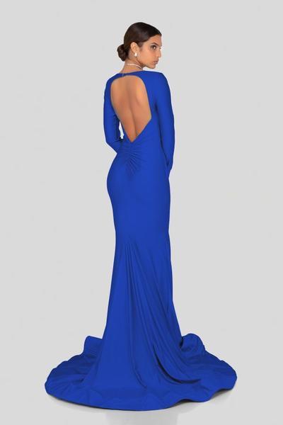 Terani Couture - 1912P8281 Long Sleeve Open Back Satin Mermaid Gown In Blue