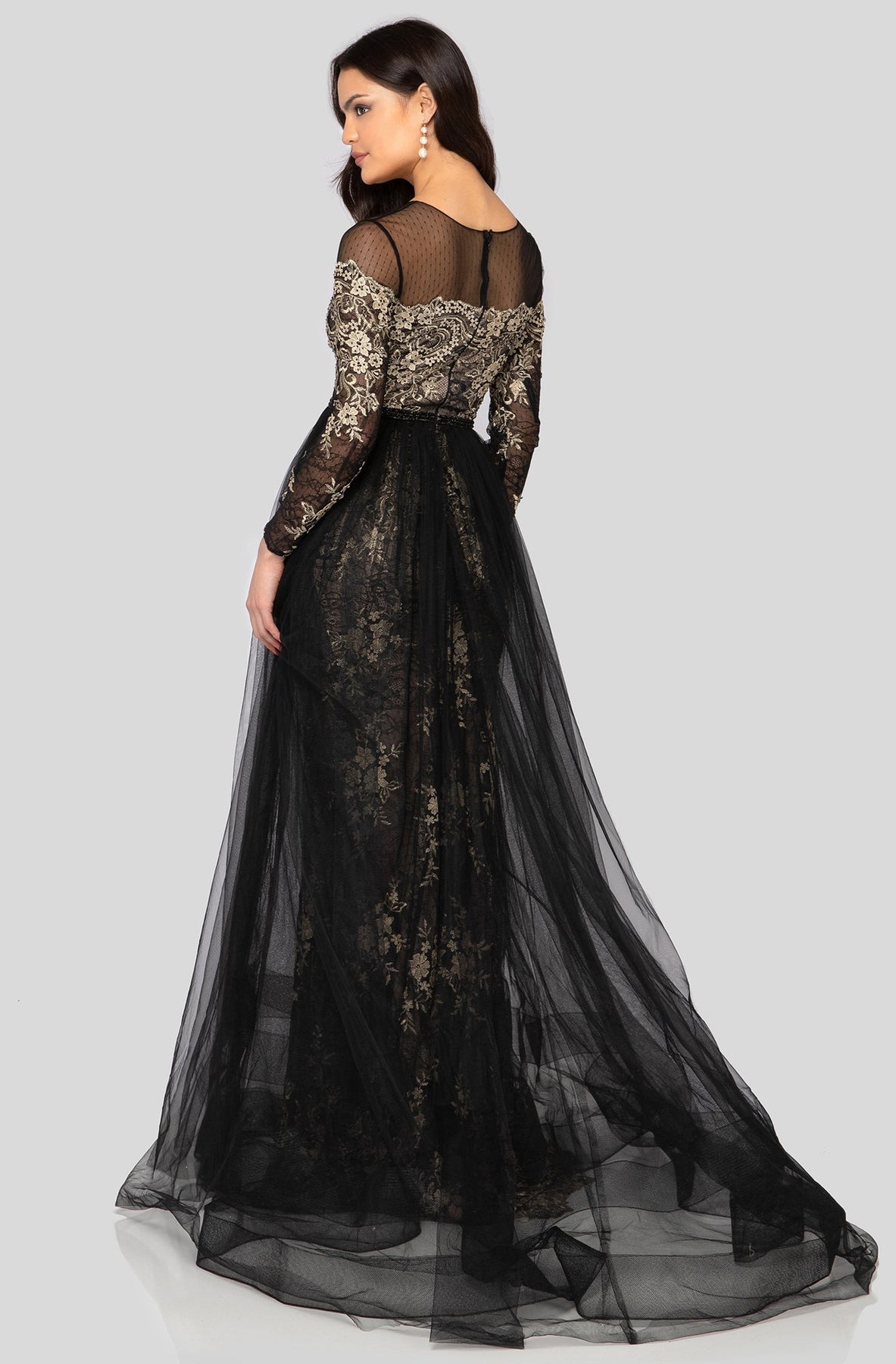 Terani Couture - 1913E9258 Lace Illusion Jewel Dress With Overskirt In Black and Gold