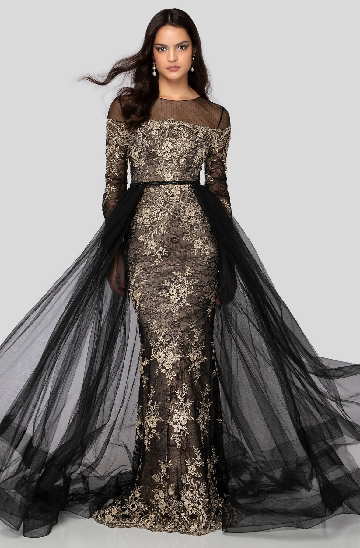 Terani Couture - 1913E9258 Lace Illusion Jewel Dress With Overskirt In Black and Gold