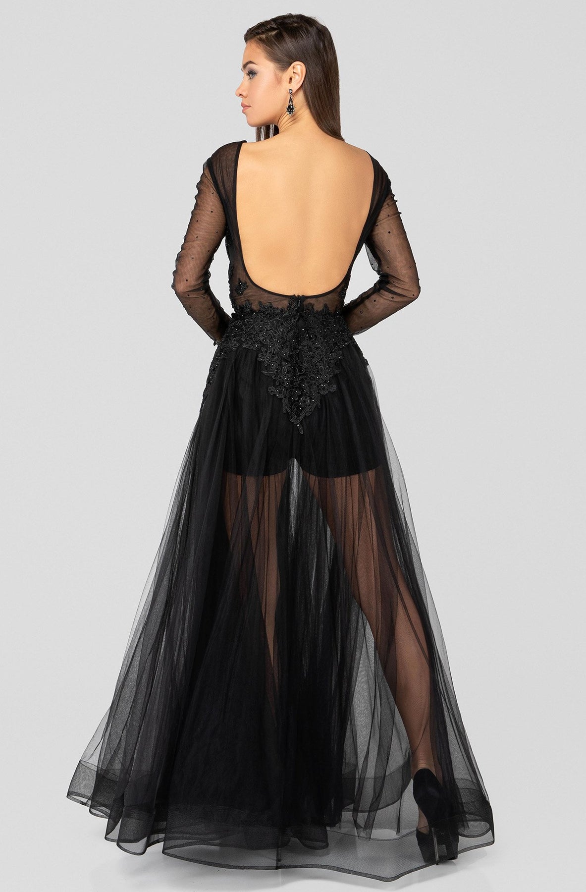 Terani Couture - 1915P8344 Plunging V-Neck Long Sleeves Dress In Black