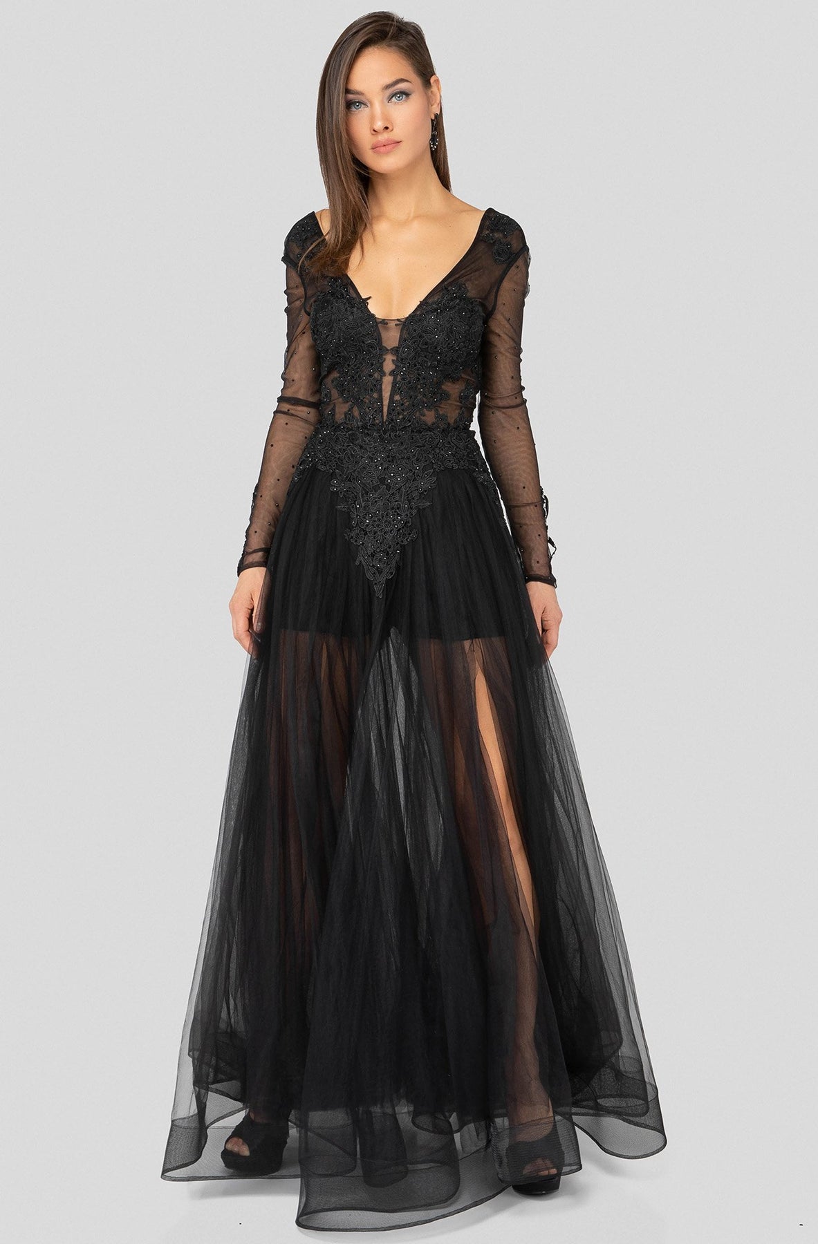 Terani Couture - 1915P8344 Plunging V-Neck Long Sleeves Dress In Black